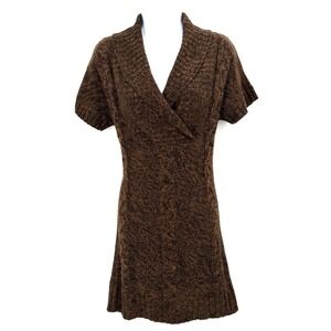 Y2K Mini Sweater Dress Size M Cable Knit Shawl Collar Short Sleeve Brown Forest
